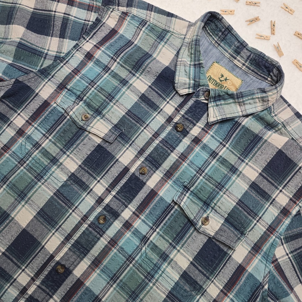 Outdoor Life Men's Short Sleeve Button Up Shirt XL Blue Plaid 100% Cotton Casual